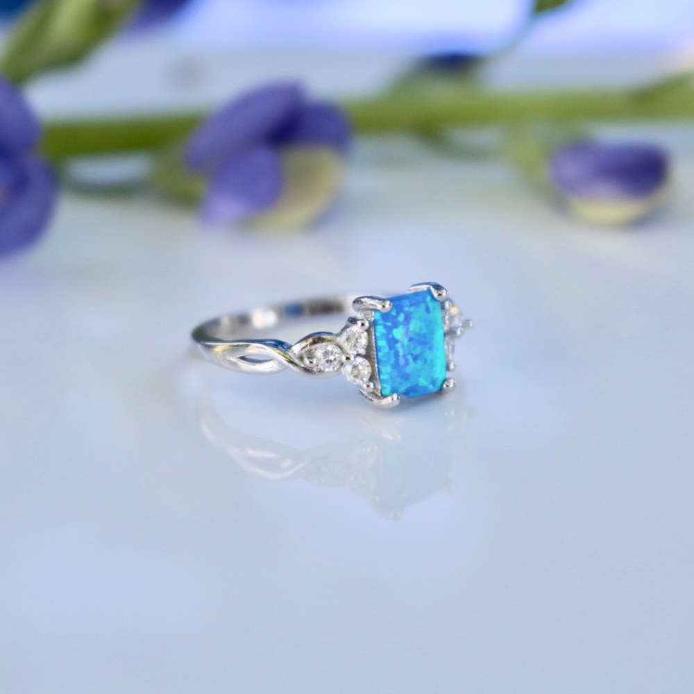 Lab Blue Opal CZ Sterling Silver Ring - Picture 4 of 5